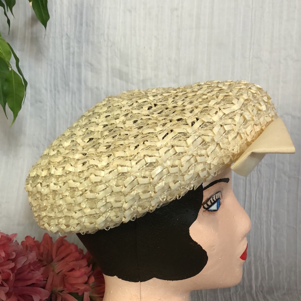 Vintage cream Jean Sutton beret woven womans hat with large front bow - Picture 3 of 10